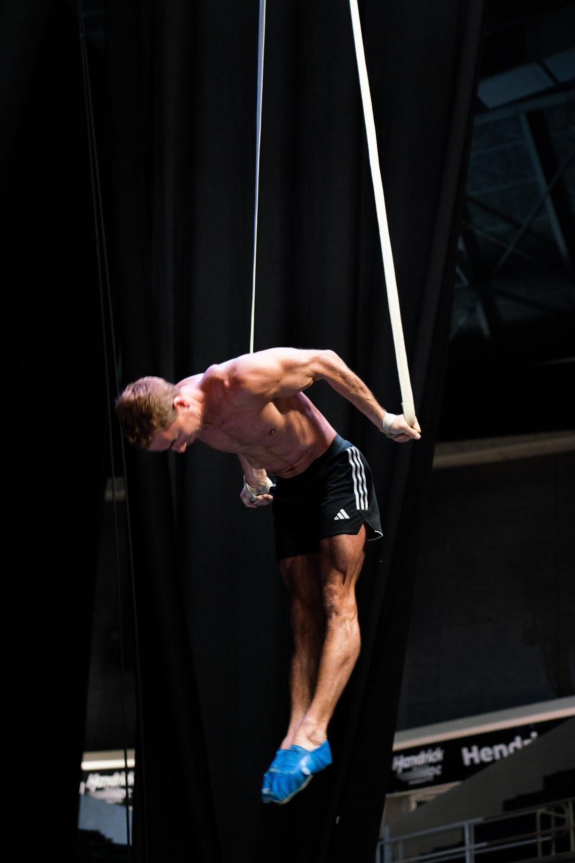 Kunytskyi Oleksandr rehearses his routines backstage for the Cirque Du Soleil’s CORTEO show at the Bojangles Coliseum.
