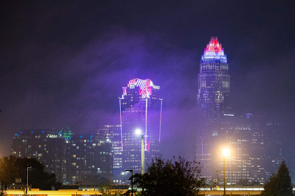A general view of the Uptown skyline during election night at The Revelry in Charlotte, NC on November 5, 2024.