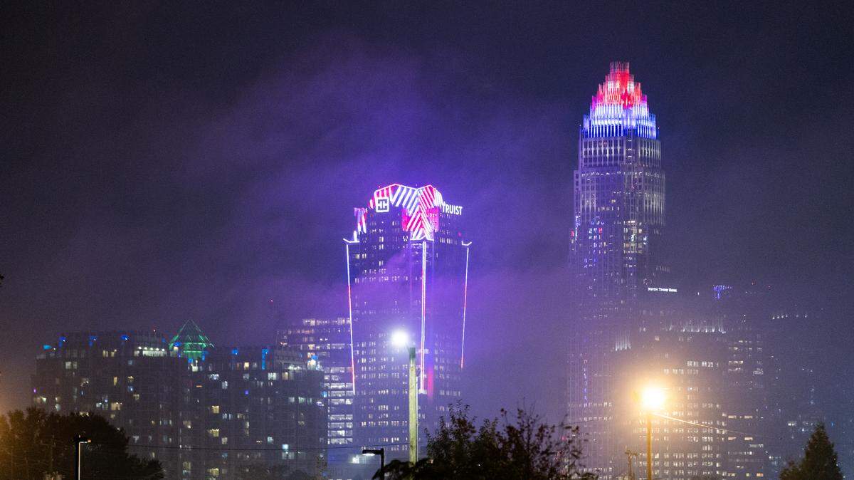 CHARLOTTE, NC - NOVEMBER 5: A general view of the Uptown skyline during election night at The Revelry in Charlotte, NC on November 5, 2024.