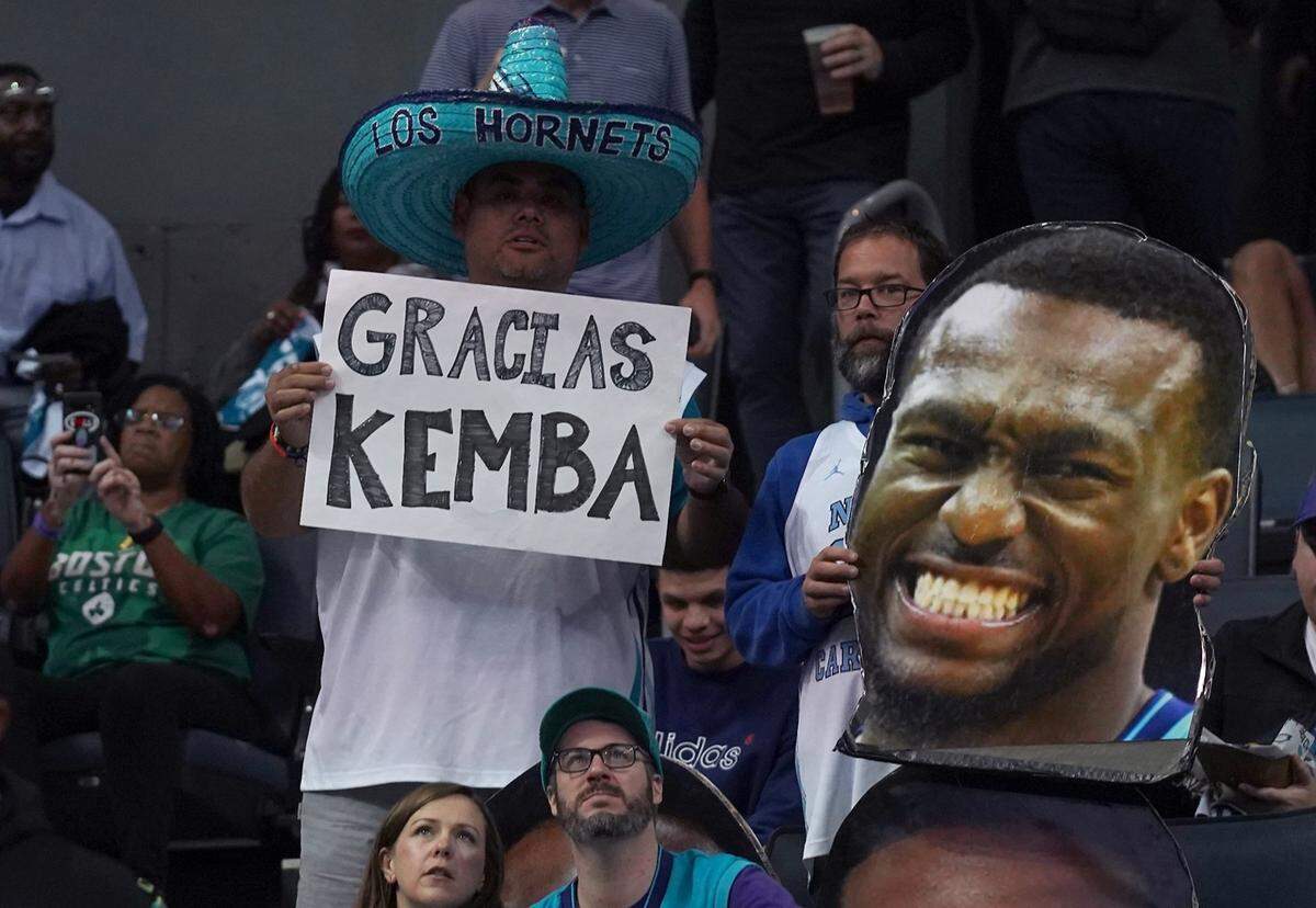 Charlotte Hornets fans honor former team guard and current Boston Celtics guard Kemba Walker prior to the team’s game at Spectrum Center in Charlotte, NC on Thursday, November 7, 2019 Walker had been the starting point guard for the Charlotte Bobcats and Charlotte Hornets prior to this season.