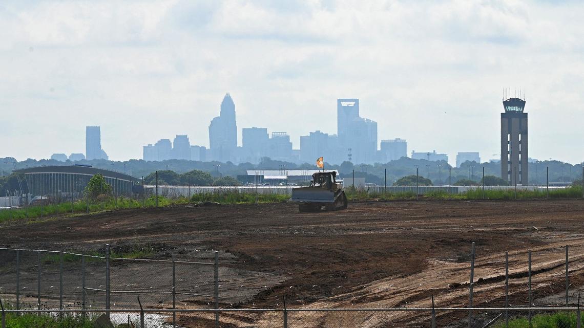 Construction work continues for the Fourth Parallel Runway project near the new Airport Overlook at Charlotte Douglas International Airport in Charlotte.