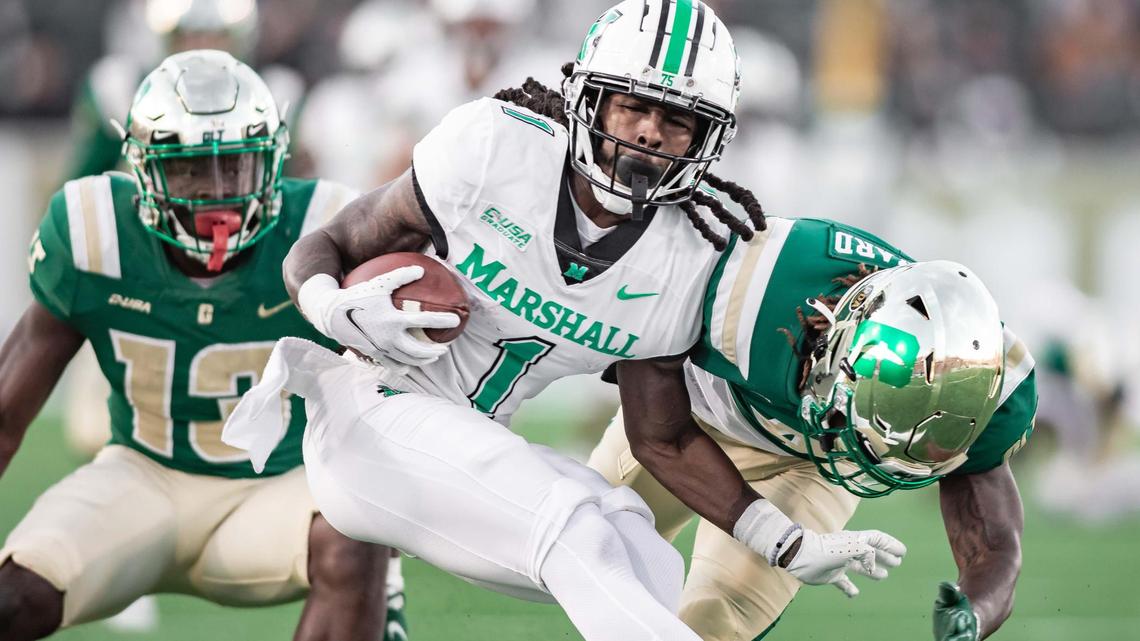 Charlotte’s Briston Bennett gets the open field tackle. Charlotte would host Marshall Saturday November 20, 2021.