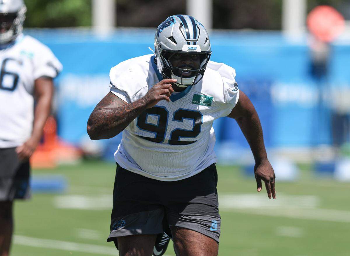 Defensive lineman Lee Hunter takes part in Carolina Panthers rookie minicamp on Friday, May 8, 2026.
