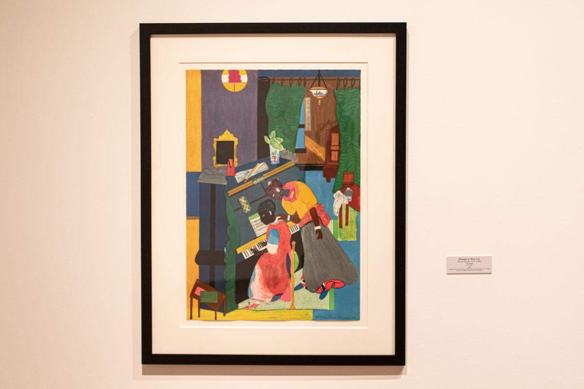 Romare Bearden created this piece, “Homage to Mary Lou,” a few years before he passed away in 1988. It’s a tribute to jazz pianist Mary Lou Williams. The Gantt Center’s Alexys Taylor says it characterizes a shift in Bearden’s practice after a visit to St. Maarten in the ’70s. The music, color and sounds of the Caribbean influenced Bearden and provided the energy he needed to continue his work, Taylor said.