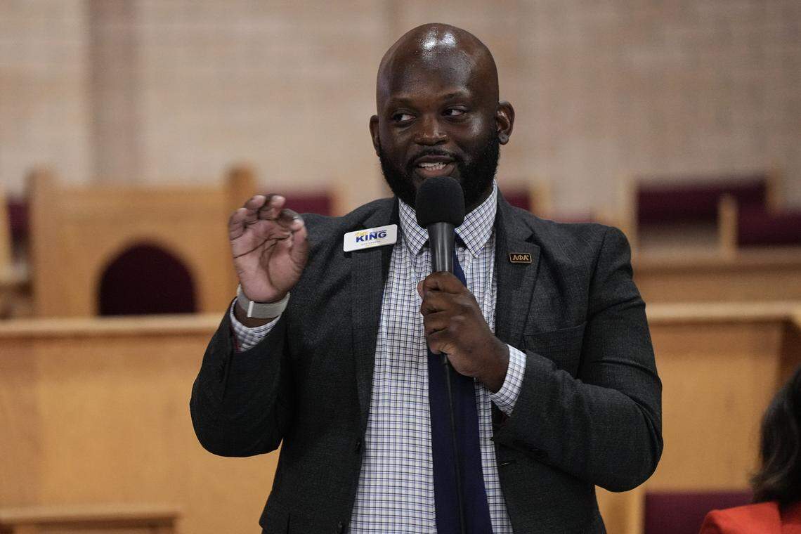 Democratic candidate for Charlotte City Council District 3 Montravias King speaks during a candidate forum hosted by the Black Political Caucus of Charlotte-Mecklenburg Saturday, Aug. 2, 2025, in Charlotte, N.C.