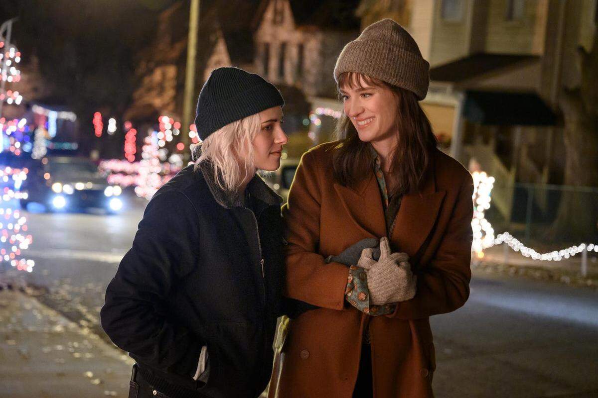“Happiest Season” stars Kristen Stewart and Mackenzie Davis.