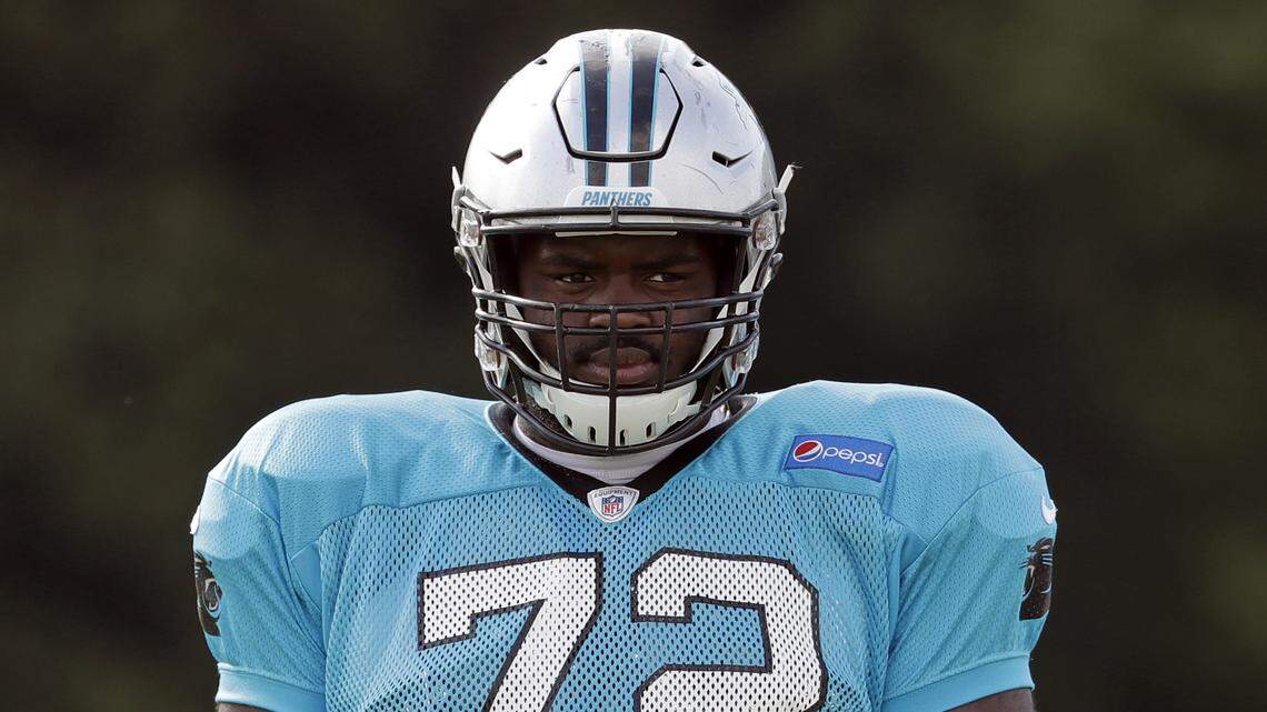 Carolina Panthers’ Taylor Moton (72) will have to step up for the rest of the preseason, and possibly longer than that, at starting right tackle. Head coach Ron Rivera said he’s handling the responsibility with composure.