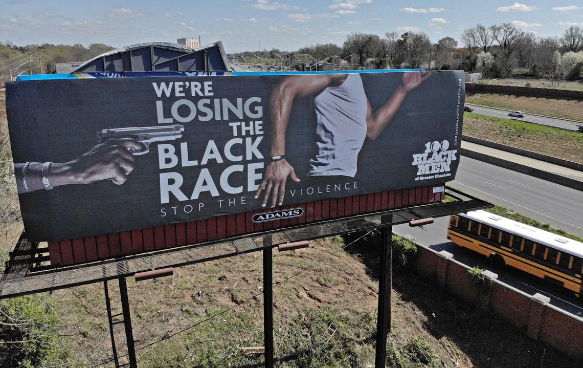 One of the new Stop the Violence billboards sponsored by the 100 Black Men of Greater Charlotte is on display along Independence Boulevard on Monday, March 22, 2021. The Charlotte campaign aims to mitigate violent outcomes which disproportionately impact African American males under the age of 25, the same citizens the organization was created to mentor and positively impact.