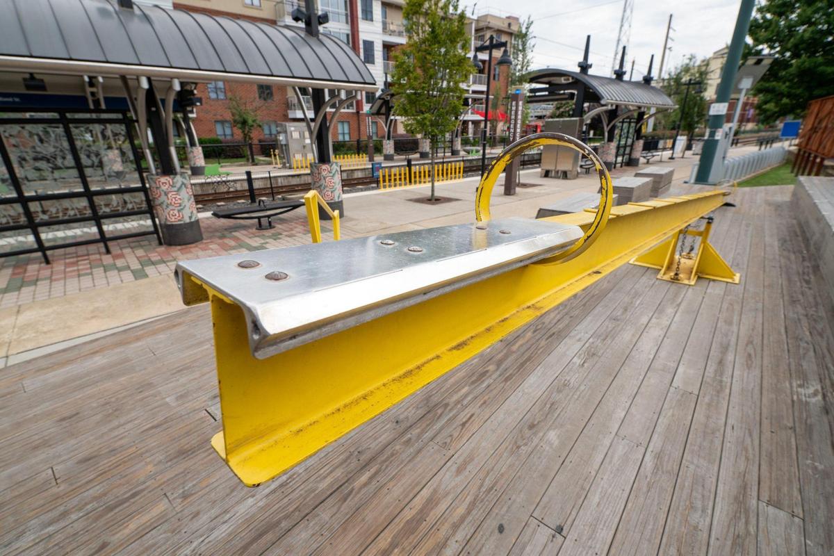 “Fowler Porch” at Bland Street Light Rail Station by David Furman, Centrocity Works, Fabrication by Ben Parrish, Steel Design Studios, 2018.