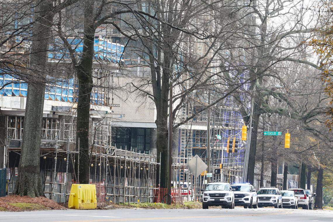 The scene Monday of the deadly A scaffolding collapse in the 700 block of Morehead Street in Charlotte.