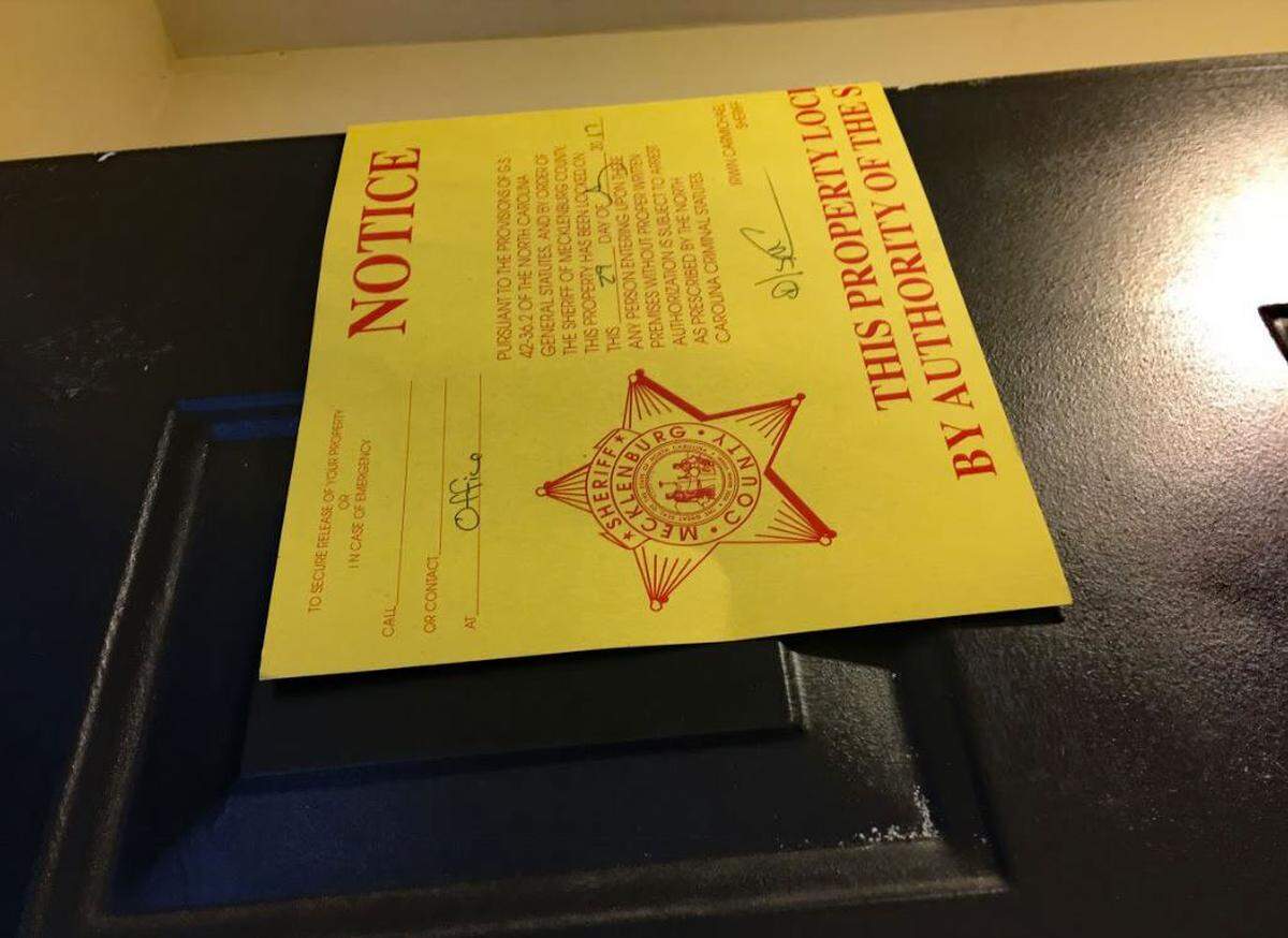 After a magistrate orders a tenant to be evicted, in a few days sheriff’s deputies arrive, the landlord changes the locks, and a sign is posted on the door.