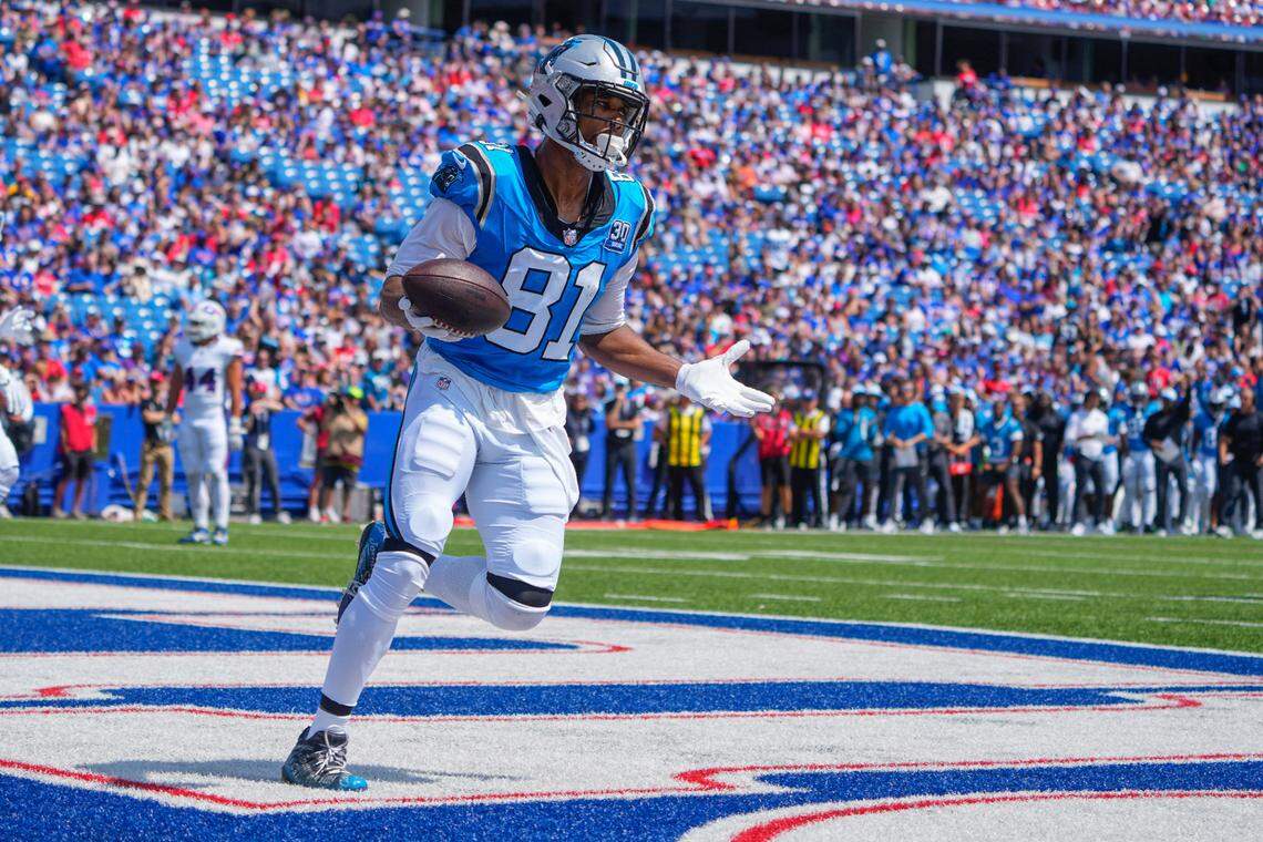 Carolina Panthers tight end Jordan Matthews reacts to scoring a touchdown against the Buffalo Bills during Saturday’s first half at Highmark Stadium. / Gregory Fisher-USA TODAY Sports