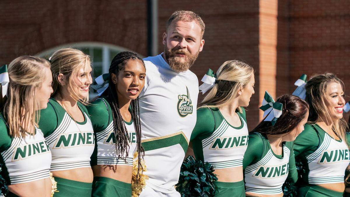 Charlotte 49er cheerleaders lead the crowd through the Charlotte fight song at Richardson Stadium. The 49ers will play at Duke in 2020.
