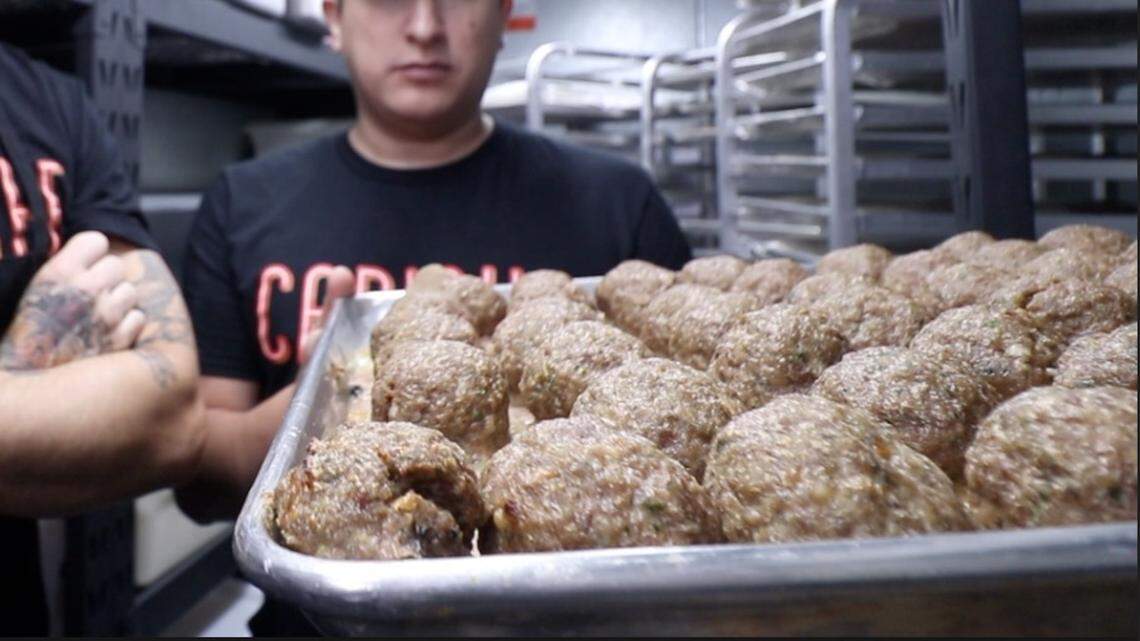 The meatballs at Capishe are made with ground beef, Italian seasoning and garlic, and are served with Puccia bread and Nona sauce.