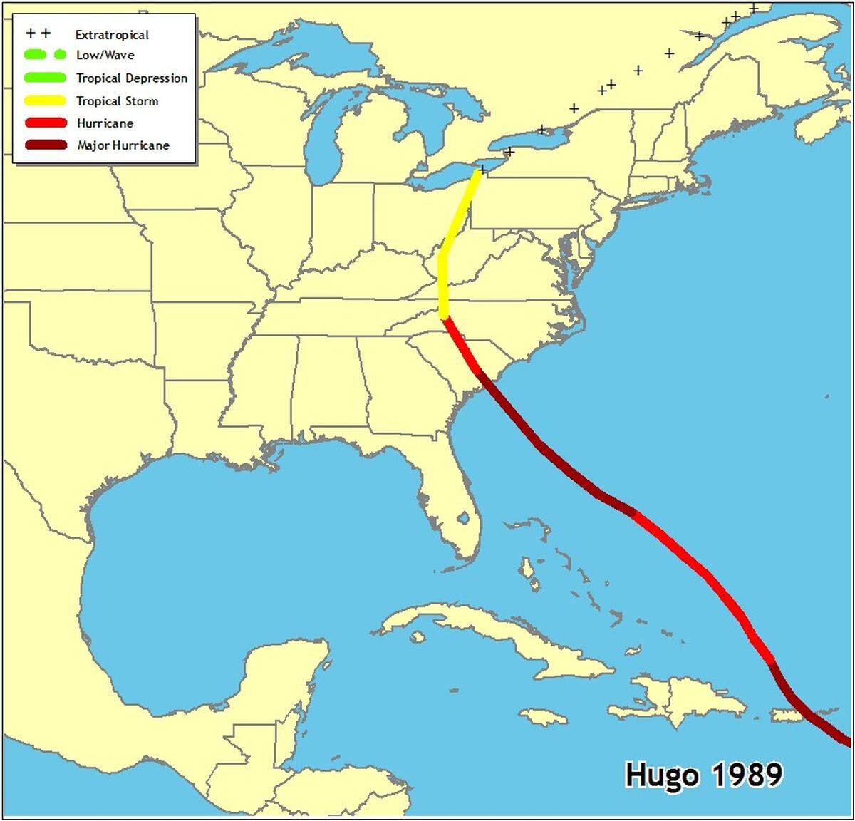 Hurricane Hugo moved in a northwestern direction from the Caribbean before landing north of Charleston, S.C., on Sept. 22, 1989. The storm continued that diagonal path across the Carolinas, leaving widespread damage.