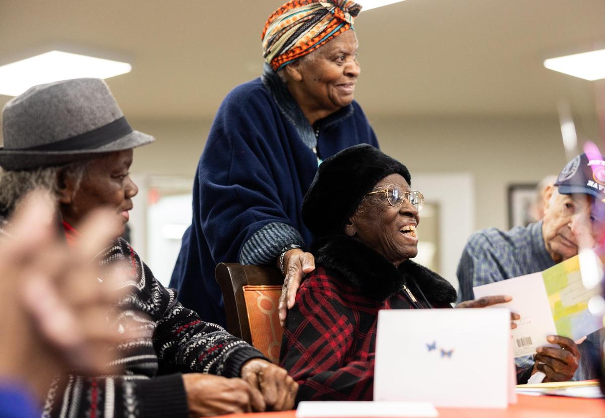 Julia Ann Teamer celebrates her 108th birthday at her retirement community in Charlotte, N.C., on Thursday, January 16, 2025.
