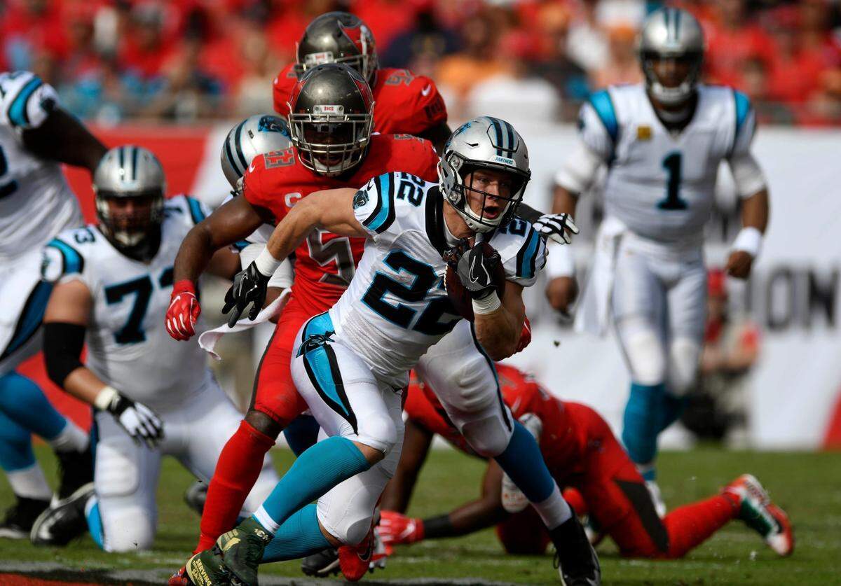 Carolina running back Christian McCaffrey just set a franchise record for yards from scrimmage in 2018, and there should be far more to come. His current age matches his uniform number (22).