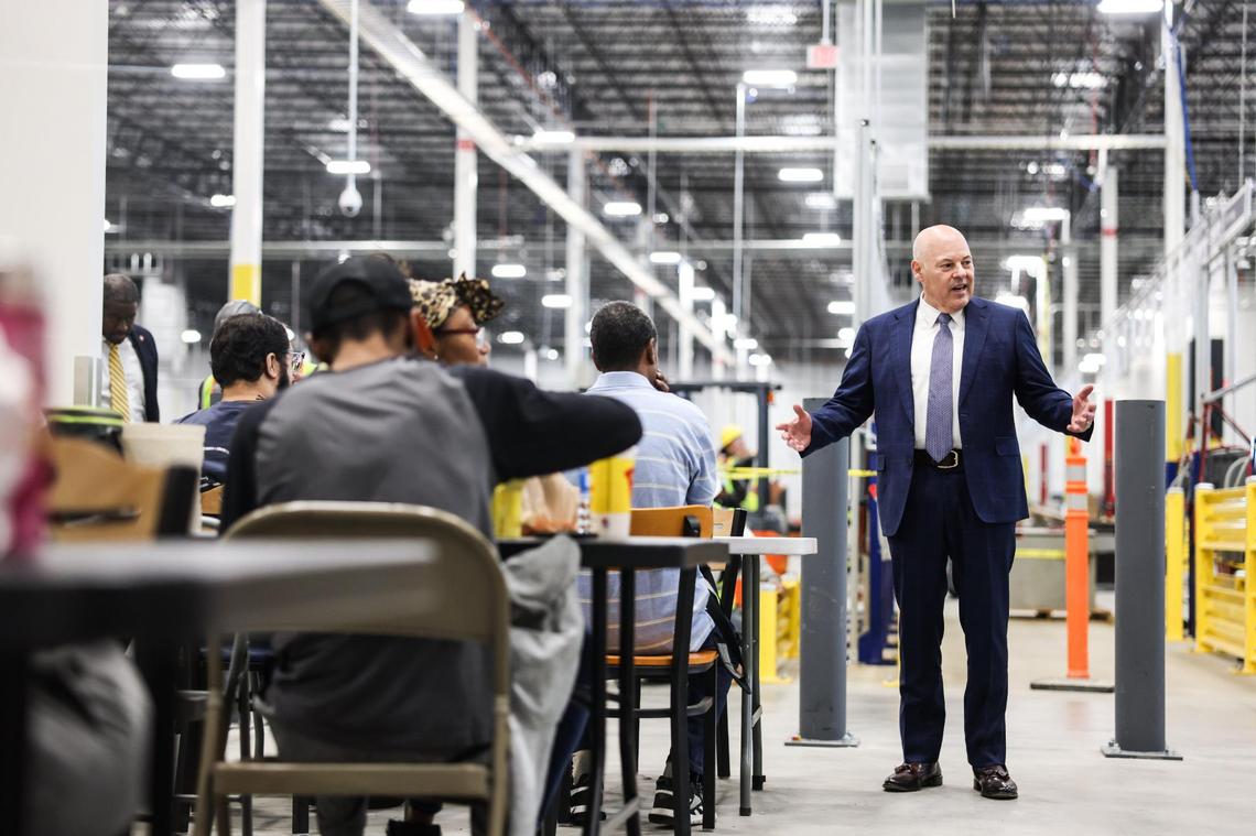 U.S. Postmaster General Louis DeJoy spoke with employees during a recent tour at the new Charlotte Regional Processing & Delivery Center in Gastonia. The site is part of a $200-million modernization plan for postal service in the state.