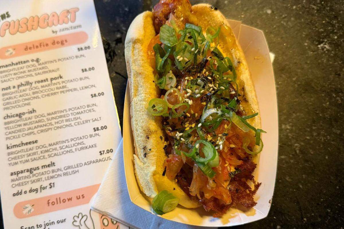 The Pushcart by Sanctum in Durham is a hot dog cart serving up creative, culinary hot dogs in high demand.