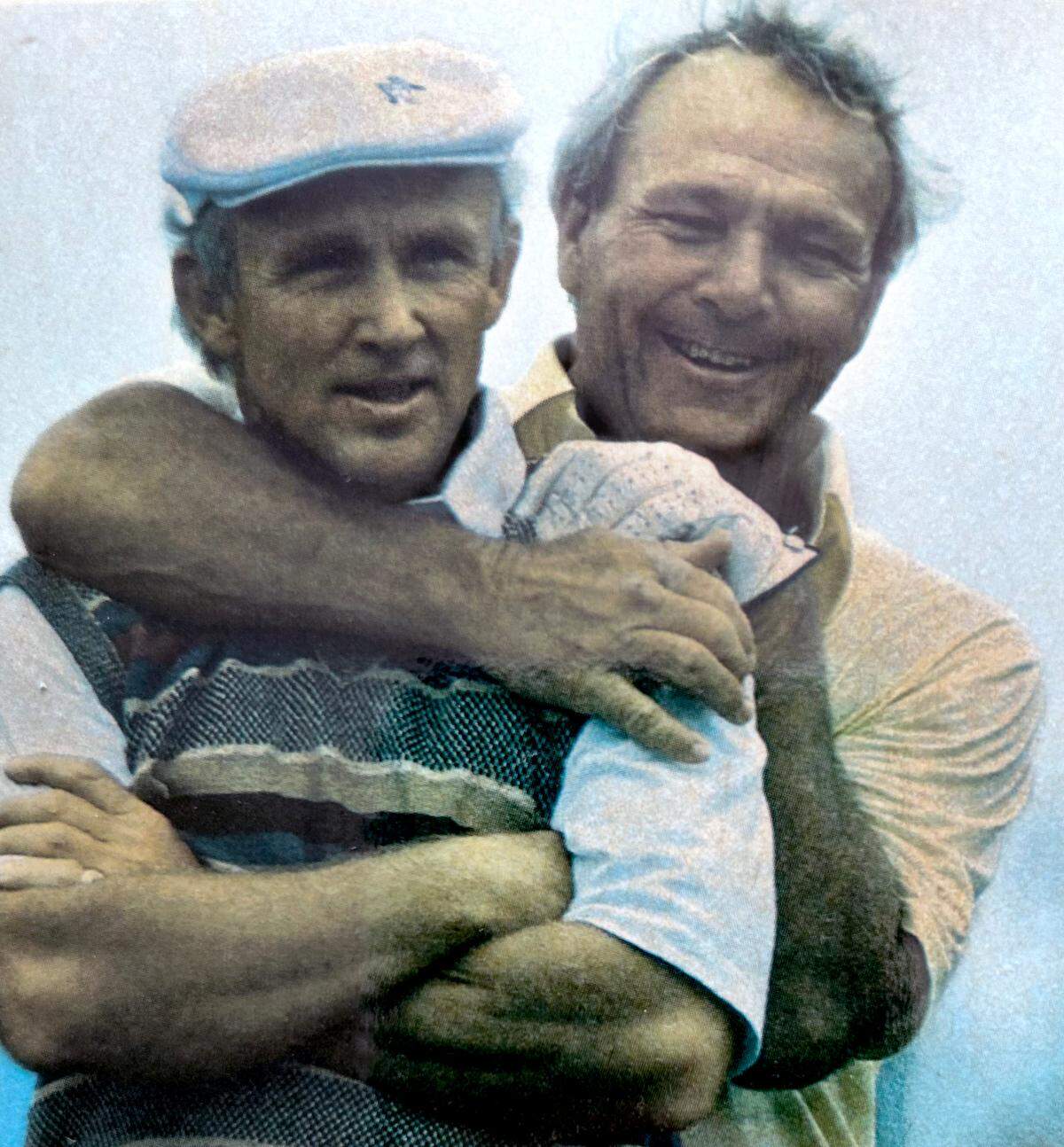 Jim Ferree, left, laughs with Arnold Palmer late in their careers about how robust their forearms used to be.