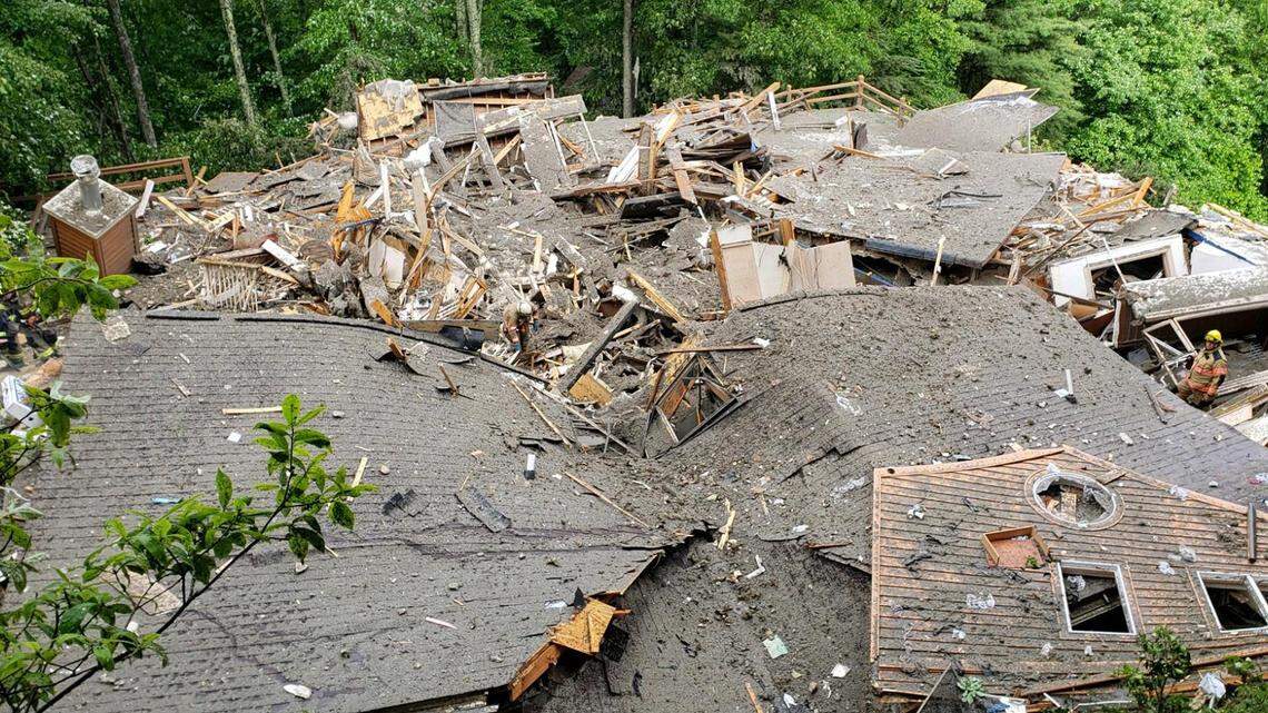 This photo provided by the Boone Police Department shows a home was destroyed by a gas leak following a landslide from the effects of Subtropical Storm Alberto on Wednesday, May 30, in Boone, N.C. Sgt. Shane Robbins said the landslide resulted in the "catastrophic destruction" of the home because of a gas leak. On Monday, the U.S. Forest Service warned visitors to the Nantahala and Pisgah national forests in Western North Carolina of the potential trees toppling in high winds and because of the recent rains,. Landslides and    flooding also remain threats, officials said.
