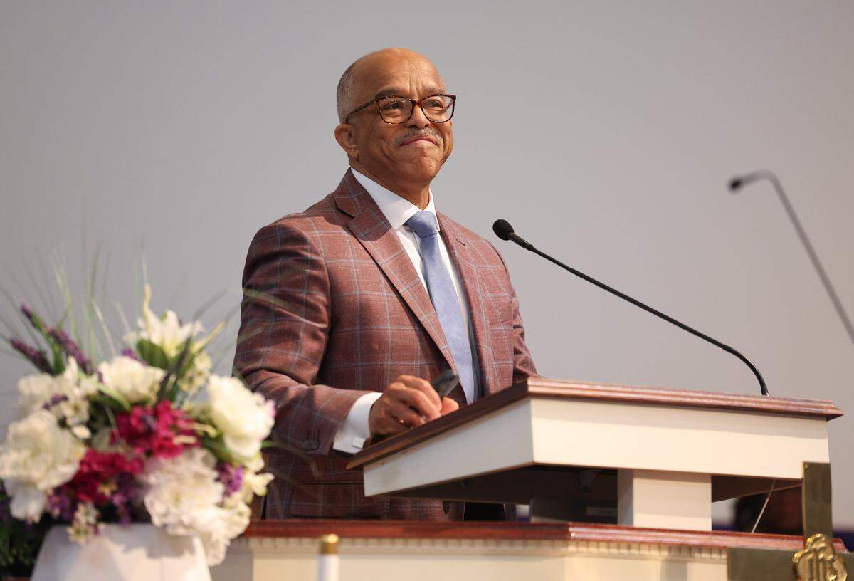 Dr. Alvin C. Powell, founder of NC Highway Marker Equity Initiative, delivers remarks for an NC highway historical marker recognizing Good Samaritan Hospitalin during a ceremony at Ebenezer Baptist Church in Charlotte on Thursday, May 28, 2026. Good Samartian Hospital was built to serve the medical needs of Black people in Charlotte. Additionally, it was the first privately funded hospital in North Carolina which served Black patients. The original building was destroyed in 1996 to make way for construction of what is now Bank of America Stadium.
