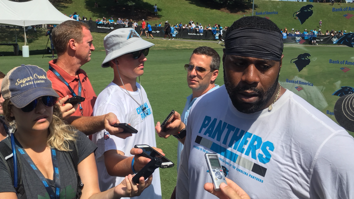 Carolina Panthers offensive guard Trai Turner speaks to the media after practice on Tuesday.