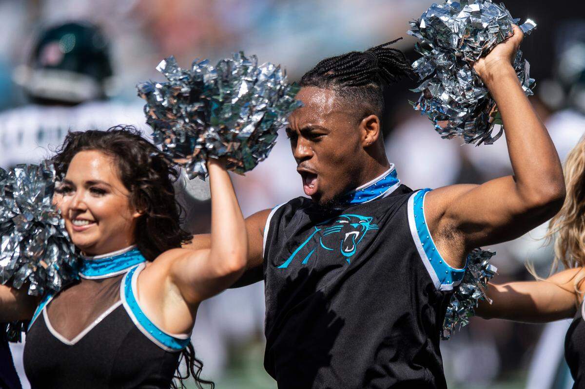 Tre’ Booker dances during a timeout during the Carolina Panthers’ game against the Philadelphia Eagles at Bank of America Stadium last Sunday in Charlotte.