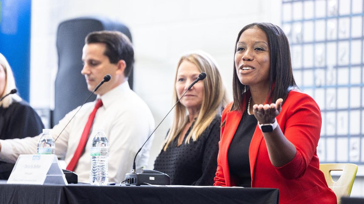 Danielle Belton, principal of Paw Creek Elementary, speaks during a press conference for Charlotte-Mecklenburg Schools to highlight the North Carolina Department of Public Instruction’s 2023-24 schools report card at Paw Creek Elementary School in Charlotte, N.C., on Wednesday, September 4, 2024.