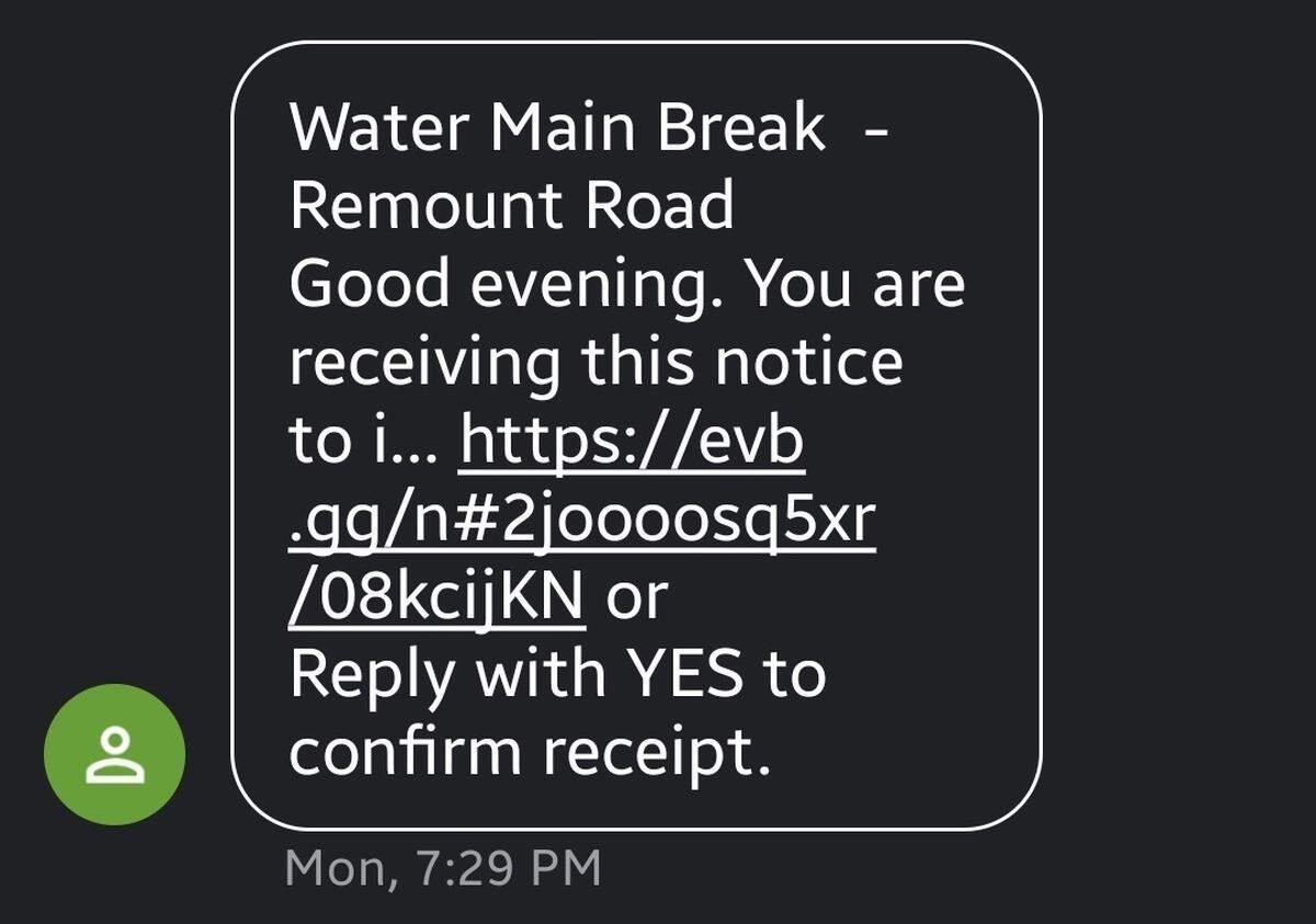 An Observer employee, who’s a CharMeck Alerts subscriber, received this text message about the water main break around 7:30 p.m.