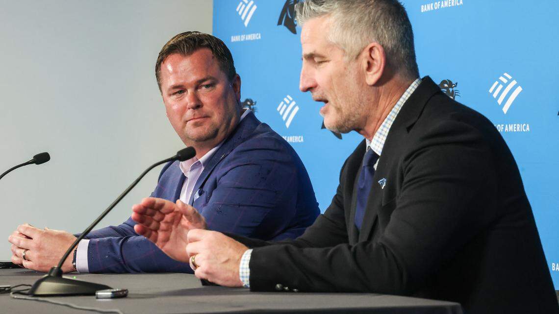 General manager Scott Fitterer, left, and head coach Frank Reich, speak to media about their first round draft pick, quarterback Bryce Young, in the NFL Draft on Thursday, April 27, 2023.