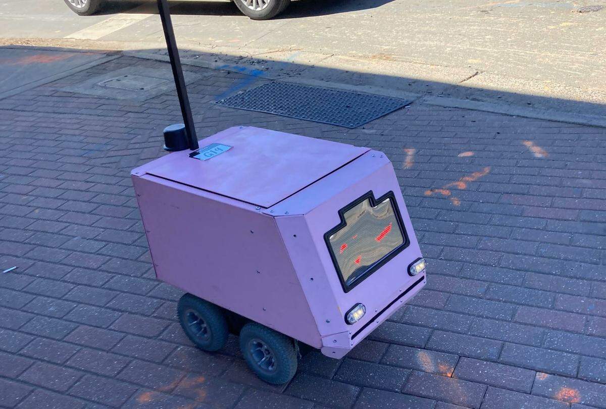 Ignacio Tartavull, founder of Toronto startup Tiny Mile, said the pink heart-eyed robots roaming around Plaza Midwood on Wednesday, March 2, 2022, was just a demo.