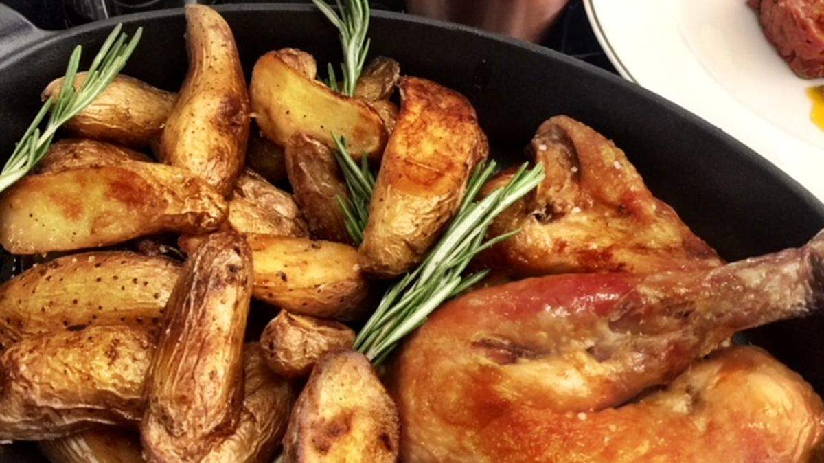 One of La Belle Helene's specialties will be a roasted Poulet Rouge, cooked on the Paris-made rotisserie with fingerling potatoes to catch the juices and a thick, rich jus on the side.