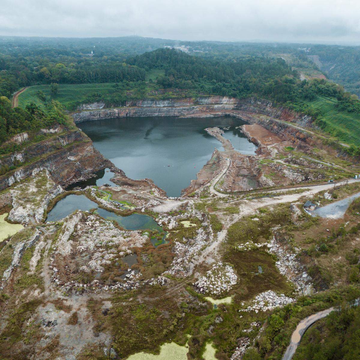 Albemarle Corp. has completed dewatering of the Kings Mountain lithium mine in Cleveland County. Shown, an aerial photo of the mine pit that was taken in September 2025.