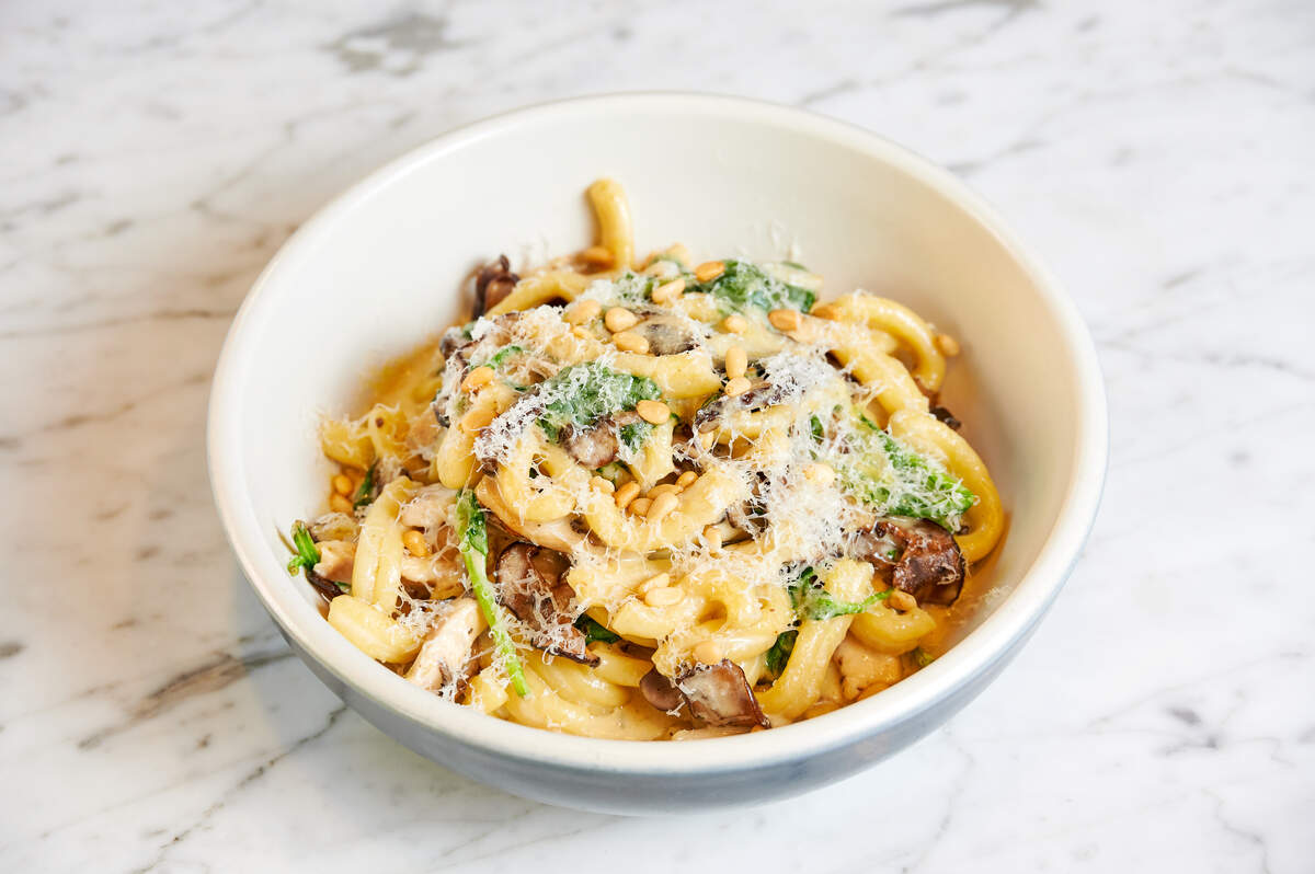 A top-down shot of a bowl of strozzapreti pasta. The pasta is coated in a creamy sauce and mixed with sauteed mushrooms, fresh greens, and pine nuts. The dish is topped with a generous sprinkle of grated white cheese and a drizzle of oil. The bowl is white with a light gray rim and is resting on a white marble countertop.