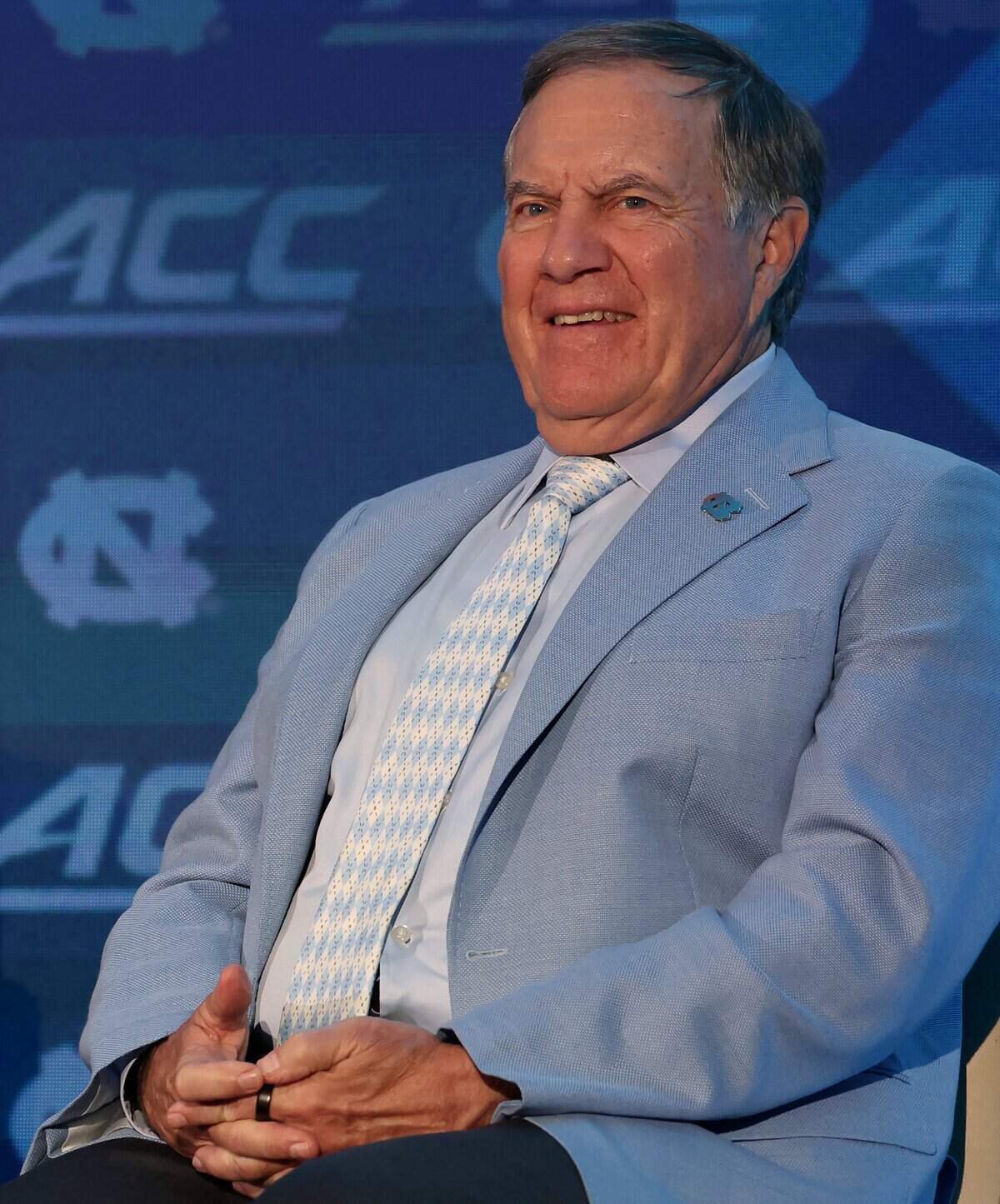 North Carolina head coach Bill Belichick during the 2026 ACC Football Kickoff program at the Charlotte Hilton Uptown hotel on Friday, July 17, 2026.
