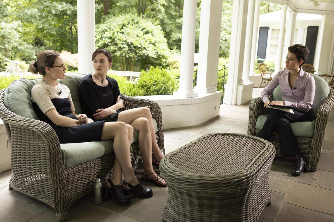 From left to right, Odessa Young as Martha Ratliff, Sophie Turner as Margaret Ratliff, and Teri Wyble as Sonya Pfeiffer, in a scene from HBO Max’s “The Staircase.”