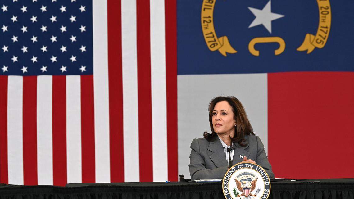 Vice President Kamala Harris, center, waits to speak at Eastway Middle School on Thursday, January 11, 2024. Harris visited Charlotte to highlight the Biden-Harris Administration latest actions to reduce gun violence. Harris held a roundtable with educators, counselors, parents gun safety advocates and local and state leaders to announce new funding from the Bipartisan Safer Communities Act. The act will help schools throughout the state and country to increase access to mental health resources for their students.