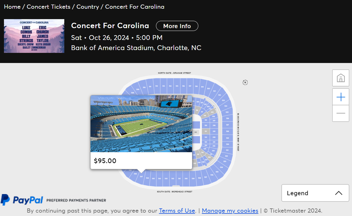A screenshot of ticket prices for the “Concert for Carolinas” show at Bank of America Stadium.