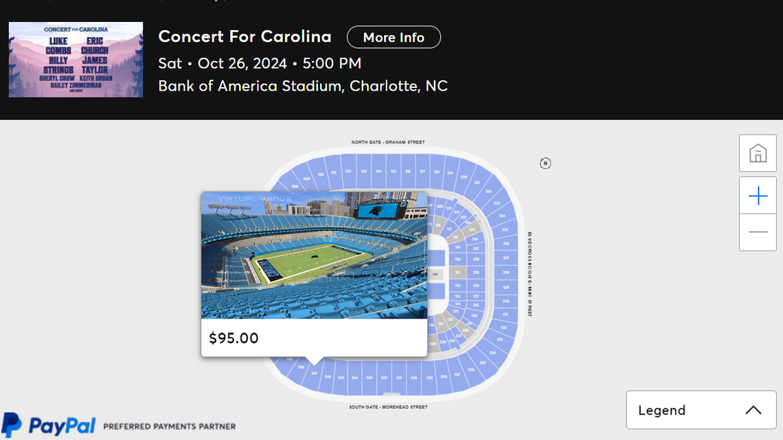 A screenshot of ticket prices on Ticketmaster for the “Concert for Carolinas” show, a Hurricane Helene benefit concert, at Charlotte’s Bank of America Stadium in October 2024.