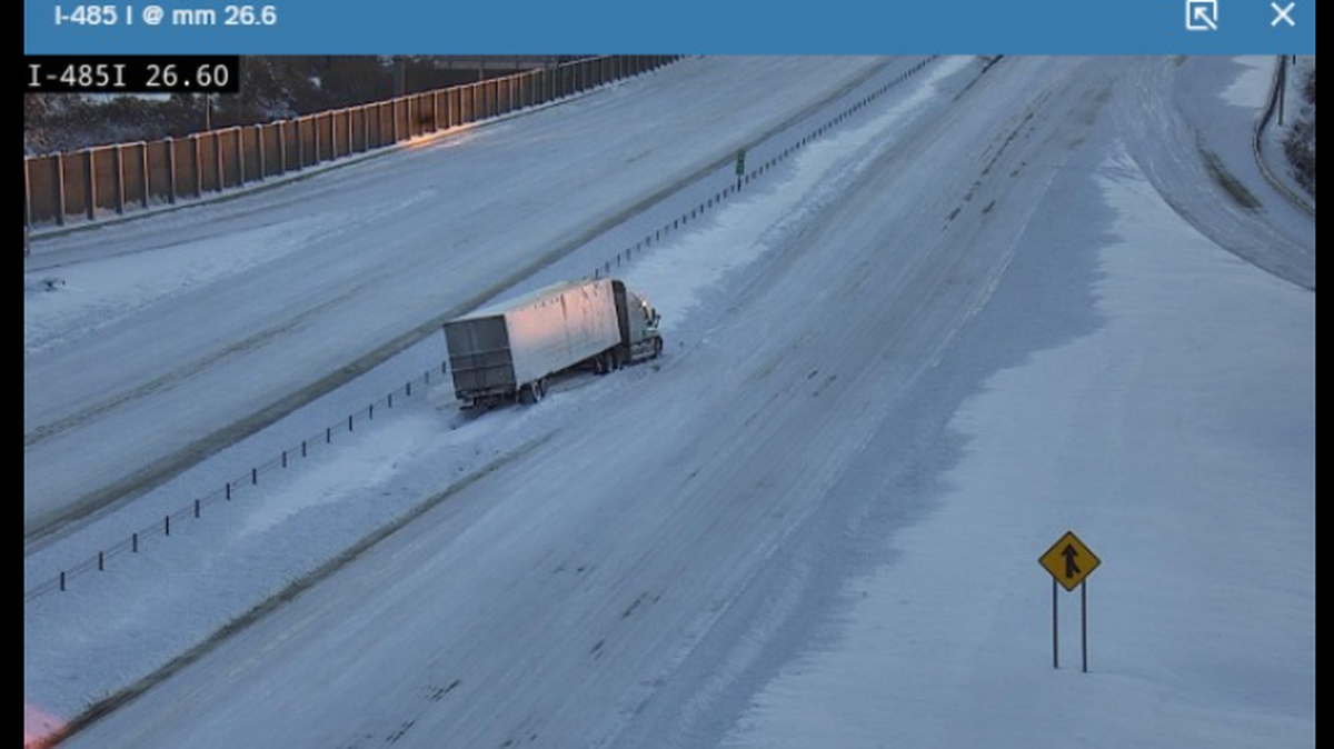 Law enforcement agencies continue to ask people to avoid driving on snow-covered roads. This is an image of Interstate 485 near Prosperity Ridge Road shared on social media by the Huntersville Fire Department. 