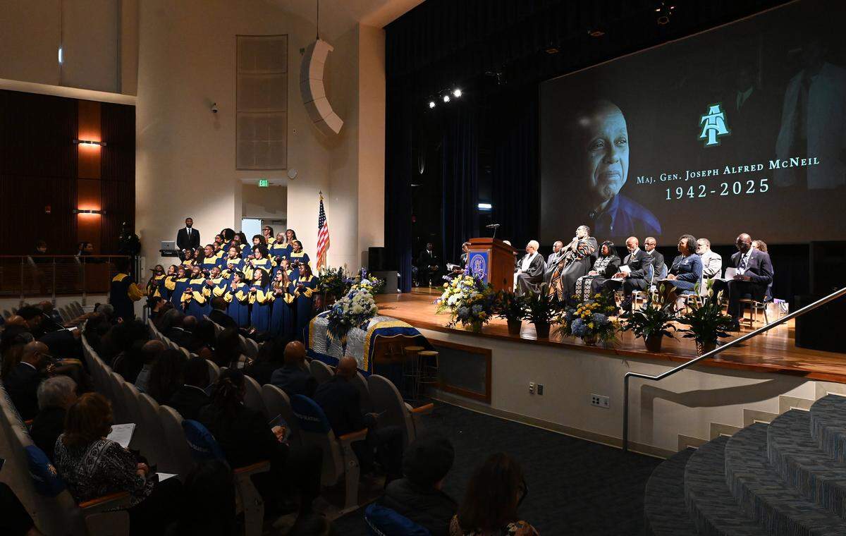 A memorial service is held for Maj. Gen. Joseph McNeil at Harrison Auditorium on the campus of North Carolina A&T State University in Greensboro on Thursday, September 11.