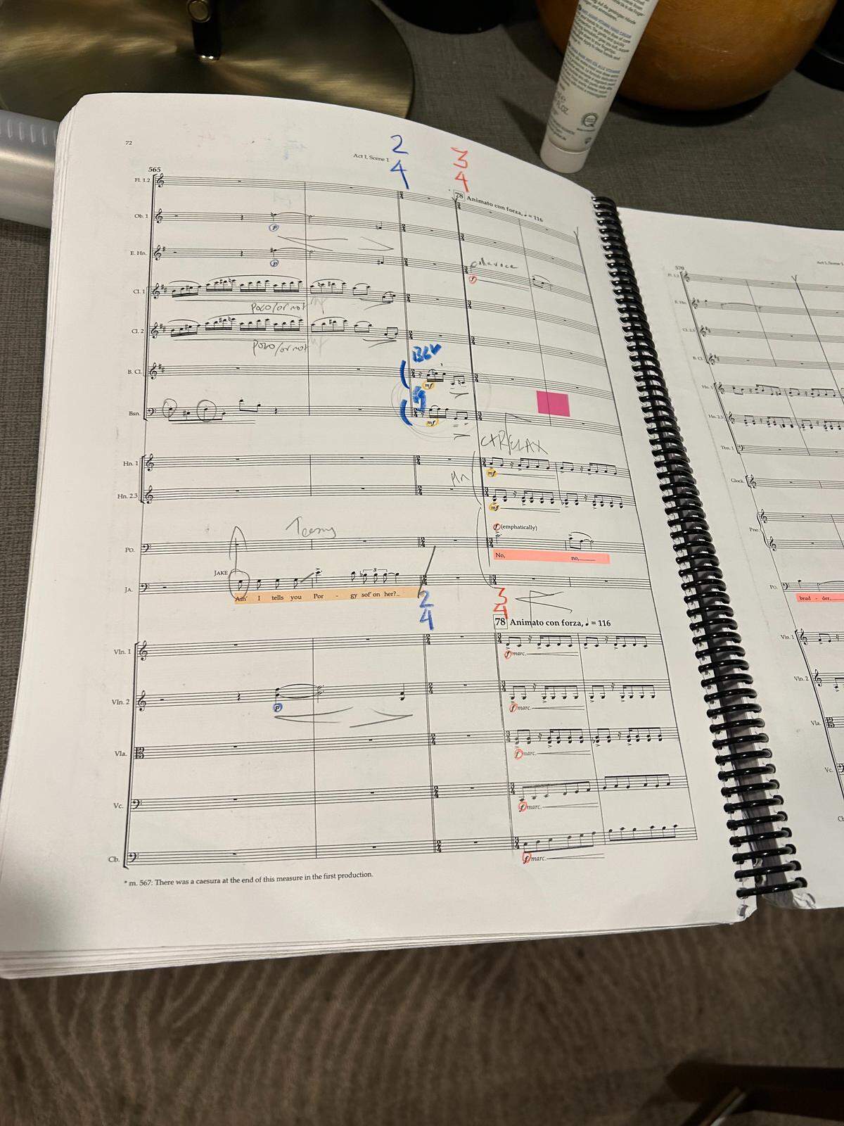 A look at Kwamé Ryan’s Met Opera score for “Porgy and Bess,” and some notes he made in them. Above one line of music, he wrote the word “Relax”.