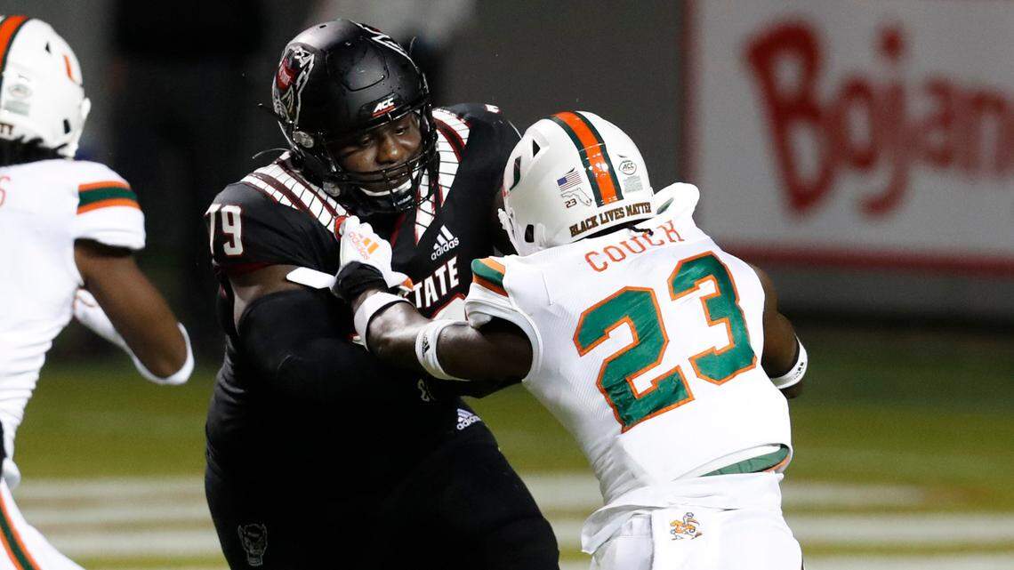 N.C. State’s Ikem Ekwonu (79) will be a candidate for the Carolina Panthers to draft this year to provide them with a starting left tackle.