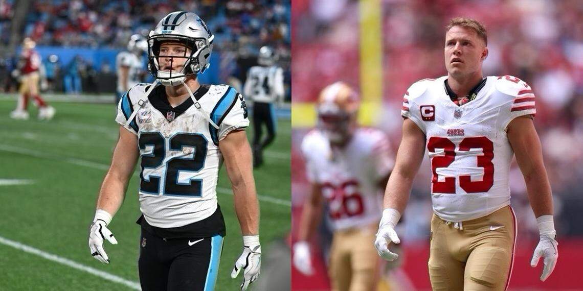 Christian McCaffrey strikes a nearly identical pose with the Carolina Panthers (2022) and the San Francisco 49ers (2025).