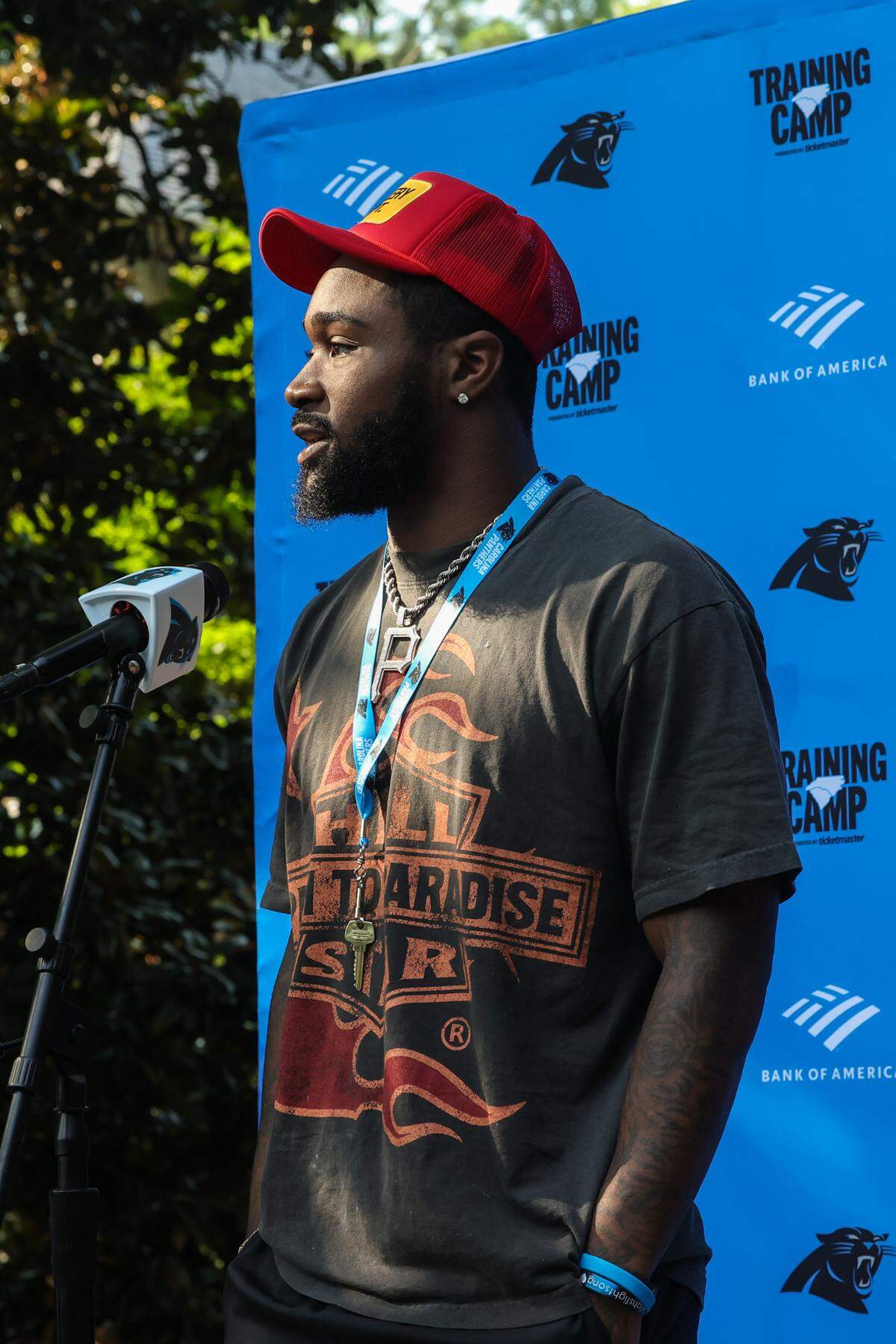 Panthers running back Miles Sanders speaks to media on player move-in day at Wofford College on Tuesday, July 25, 2023 in Spartanburg, SC.