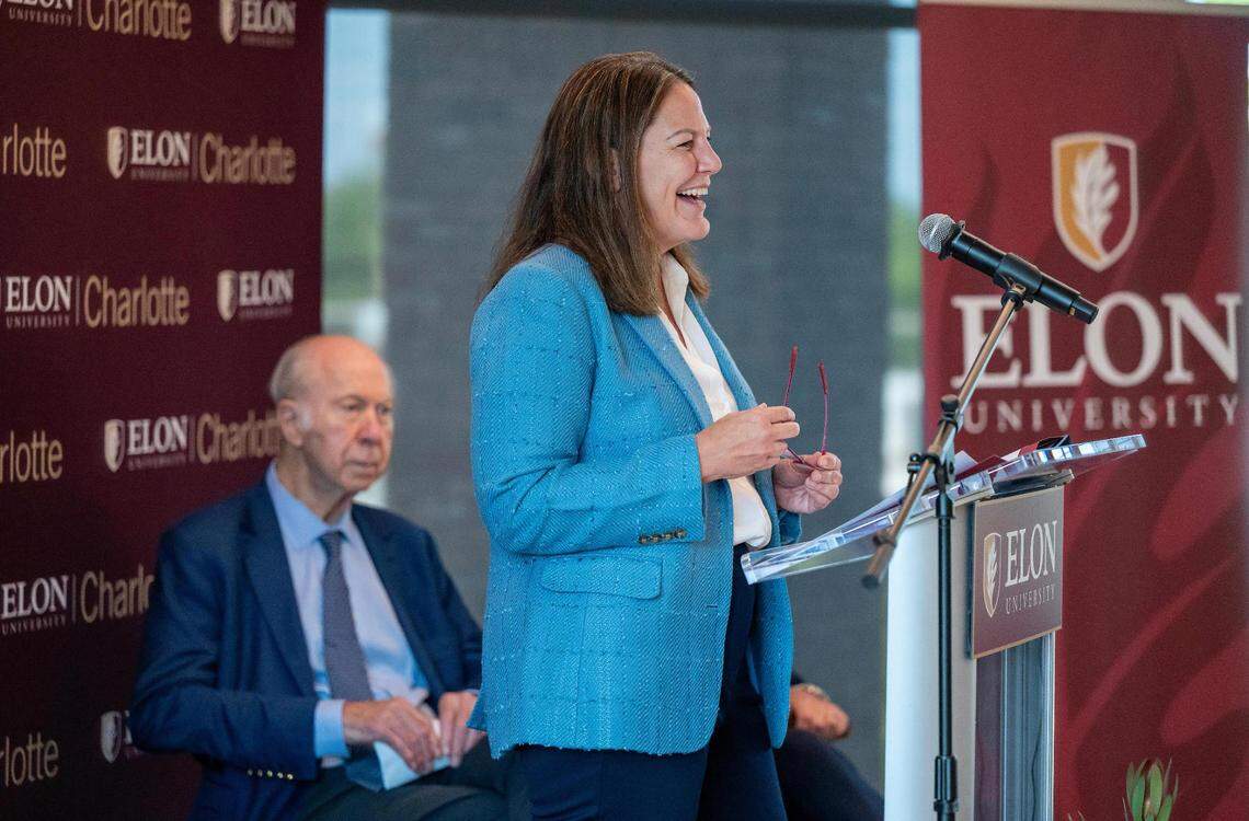 Elon University President Connie Ledoux Book at a 2023 news conference announcing the opening of the Charlotte regional law school. The university received accreditation for law classes in Charlotte to start in August.