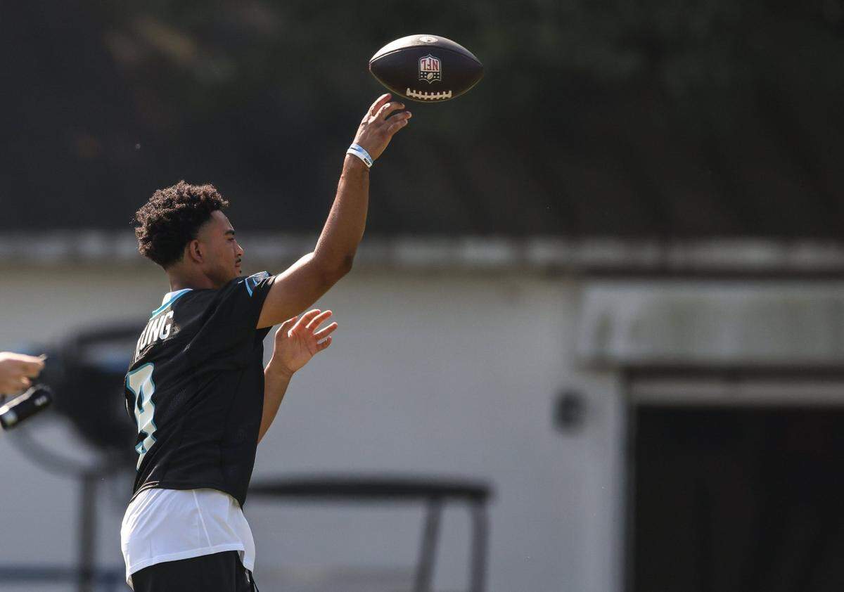 Carolina Panthers Bryce Young passes during Panthers Training Camp at Wofford College in Spartanburg, SC., on Wednesday, July 26, 2023.