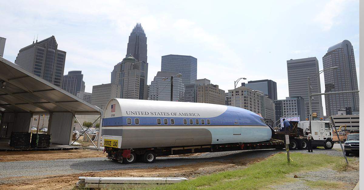 A replica of Air Force One on display in 2012 for the DNC as part of the American Presidential Experience exhibit on Mint Street.  The site was then a vacant lot. Now? It's Romare Bearden Park and BB&T BallPark.
