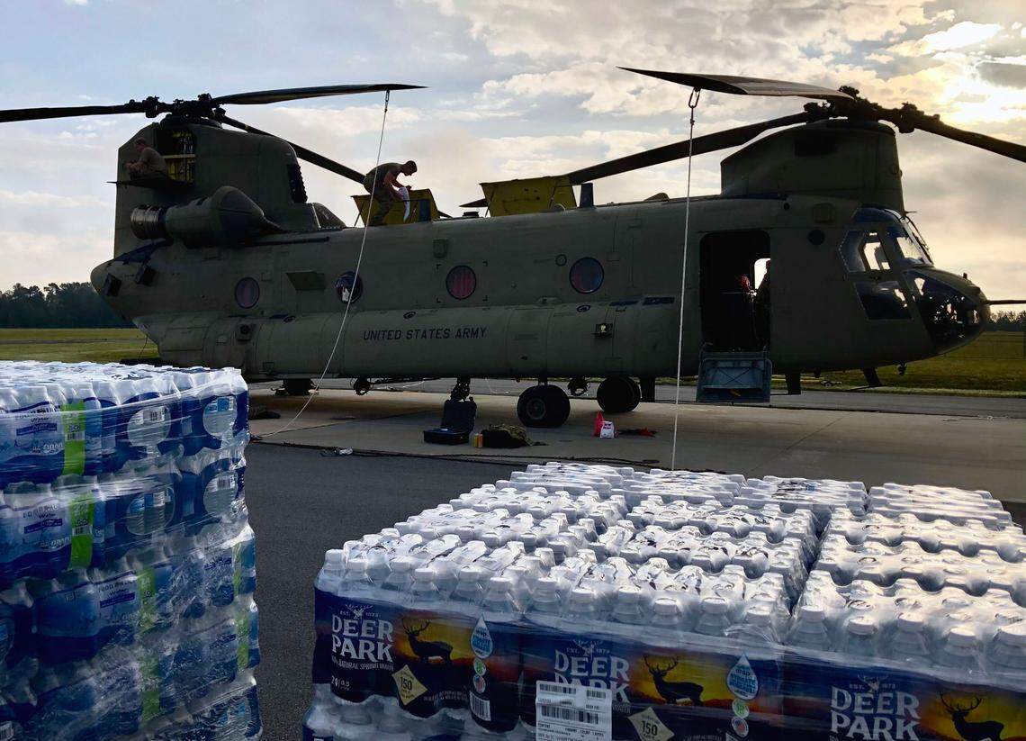 The North Carolina National Guard begin to load commodities for transport to Western North Carolina on Thursday morning, October 3, 2024, in Salisbury, N.C.